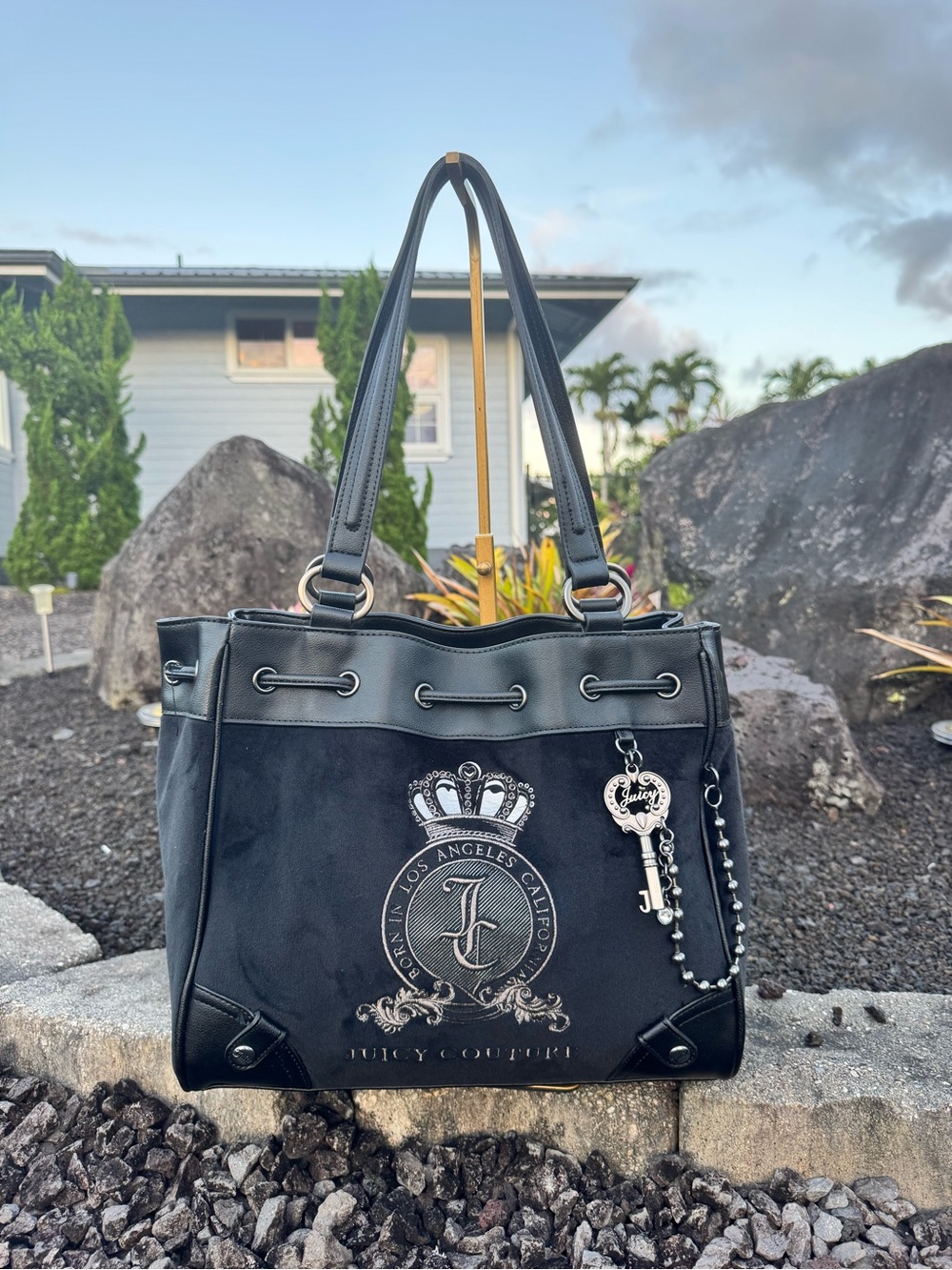 Juicy Couture Classic Juicy Lover Black Velour Crown Key Charm Tote